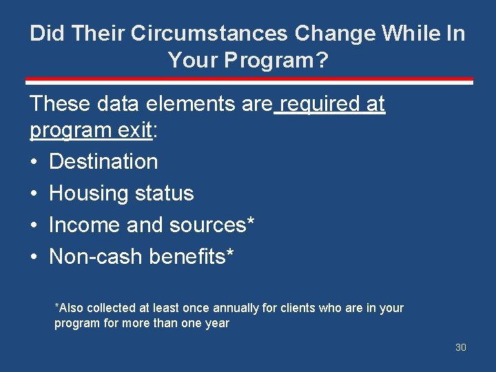 Did Their Circumstances Change While In Your Program? These data elements are required at