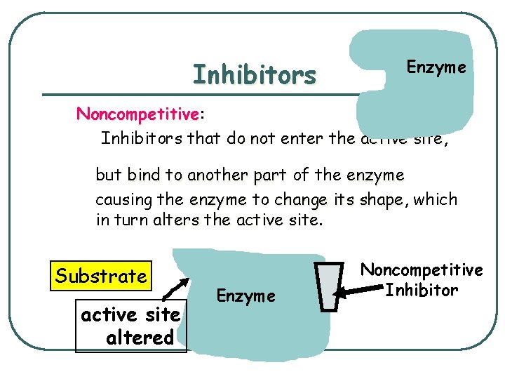 Inhibitors Enzyme Noncompetitive: Inhibitors that do not enter the active site, site but bind