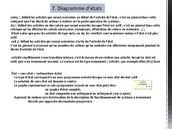 7. Diagramme d’états entry /, définit les activités qui seront exécutées au début de