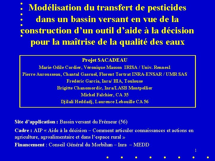 Modélisation du transfert de pesticides dans un bassin versant en vue de la construction