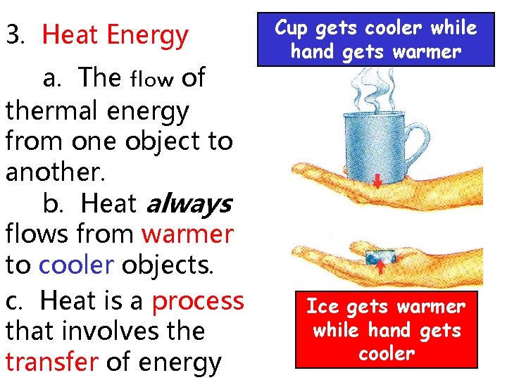 3. Heat Energy a. The flow of thermal energy from one object to another.