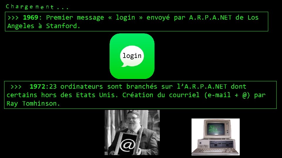 C harg e me nt. . . >>> 1969: Premier message « login »