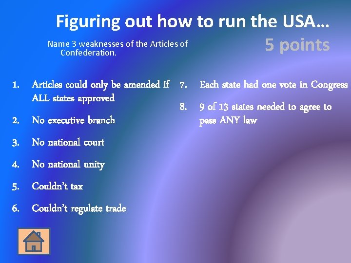 Figuring out how to run the USA… Name 3 weaknesses of the Articles of