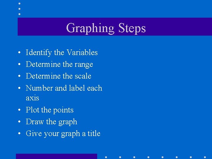 Graphing Steps • • Identify the Variables Determine the range Determine the scale Number