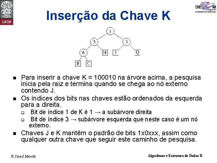 Inserção da Chave K n n Para inserir a chave K = 100010 na