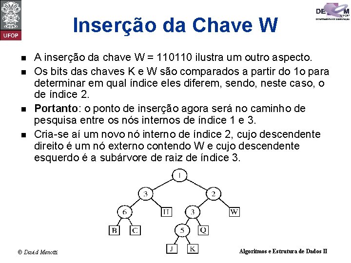 Inserção da Chave W n n A inserção da chave W = 110110 ilustra