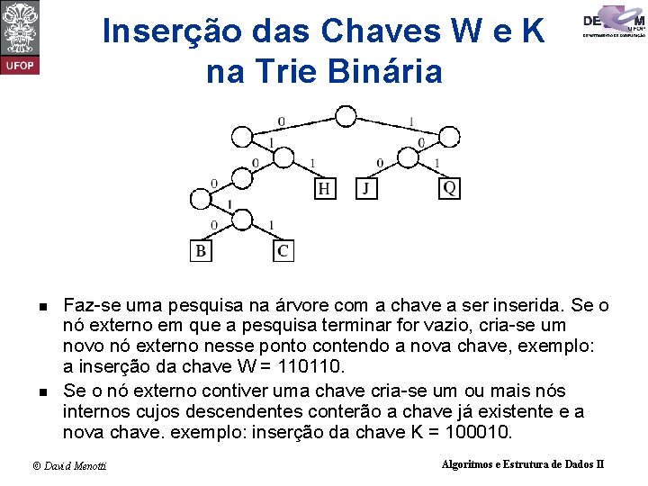 Inserção das Chaves W e K na Trie Binária n n Faz-se uma pesquisa