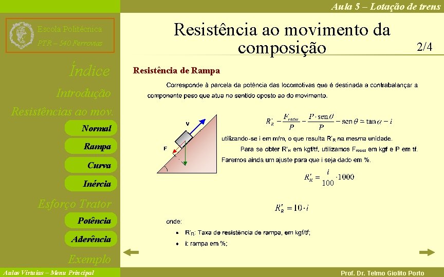 Aula 5 – Lotação de trens Escola Politécnica PTR – 540 Ferrovias Índice Resistência