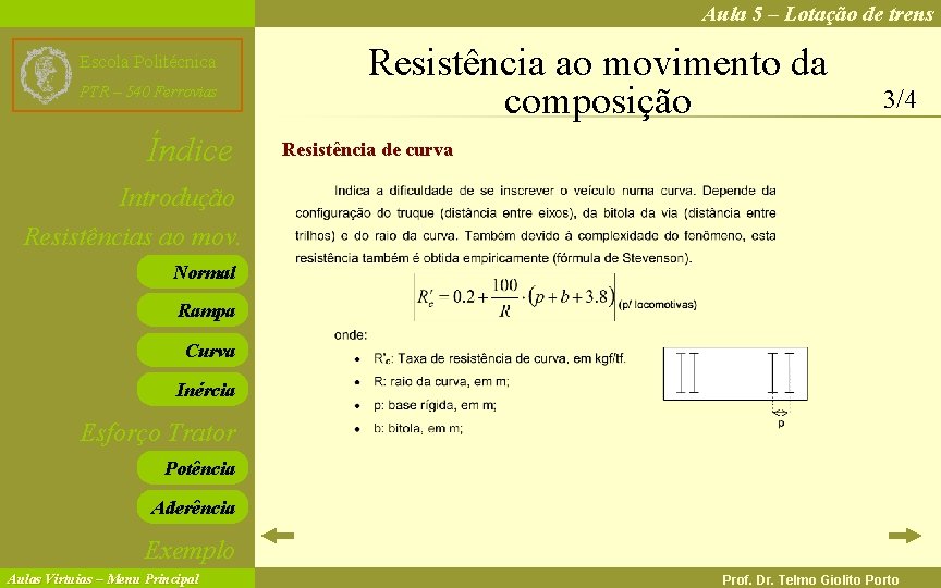 Aula 5 – Lotação de trens Escola Politécnica PTR – 540 Ferrovias Índice Resistência