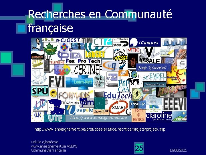 Recherches en Communauté française http: //www. enseignement. be/prof/dossiers/tice/rechtice/projets. asp Cellule cyberécole www. enseignement. be