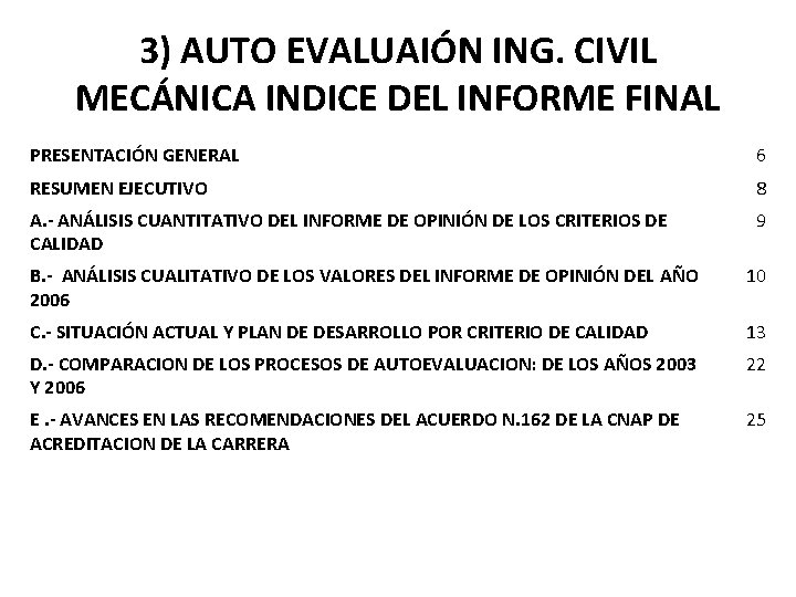 3) AUTO EVALUAIÓN ING. CIVIL MECÁNICA INDICE DEL INFORME FINAL PRESENTACIÓN GENERAL 6 RESUMEN