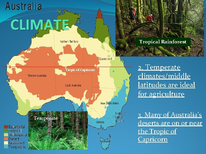 CLIMATE Tropical Rainforest Tropic of Capricorn Temperate 2. Temperate climates/middle latitudes are ideal for