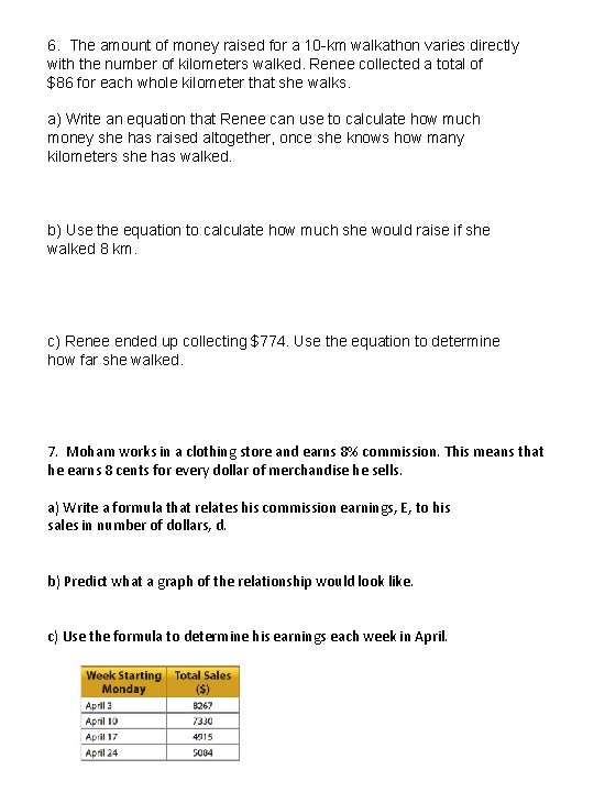 6. The amount of money raised for a 10 -km walkathon varies directly with 6. The amount of money raised for a 10 -km walkathon varies directly with