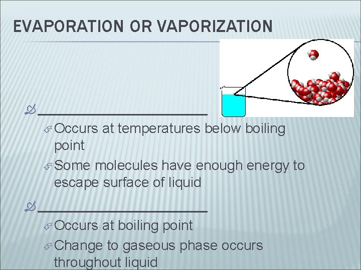 EVAPORATION OR VAPORIZATION __________ Occurs at temperatures below boiling point Some molecules have enough