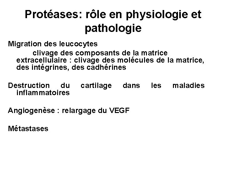 Protéases: rôle en physiologie et pathologie Migration des leucocytes clivage des composants de la