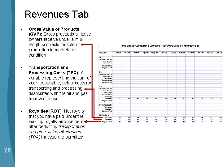 Revenues Tab 26 • Gross Value of Products (GVP): Gross proceeds all lease owners