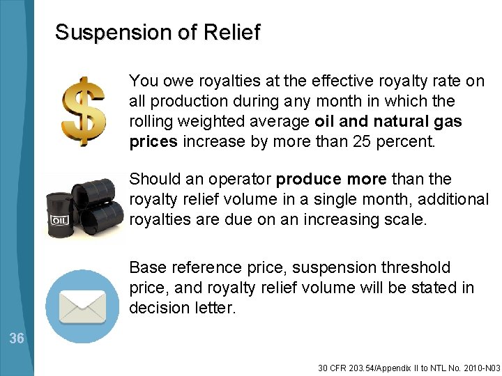 Suspension of Relief You owe royalties at the effective royalty rate on all production