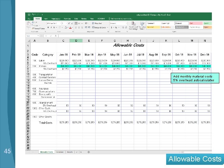 Add monthly material costs 5% overhead autocalculates 45 Allowable Costs 