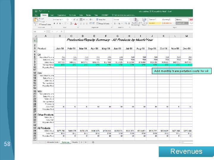 Add monthly transportation costs for oil 58 Revenues 