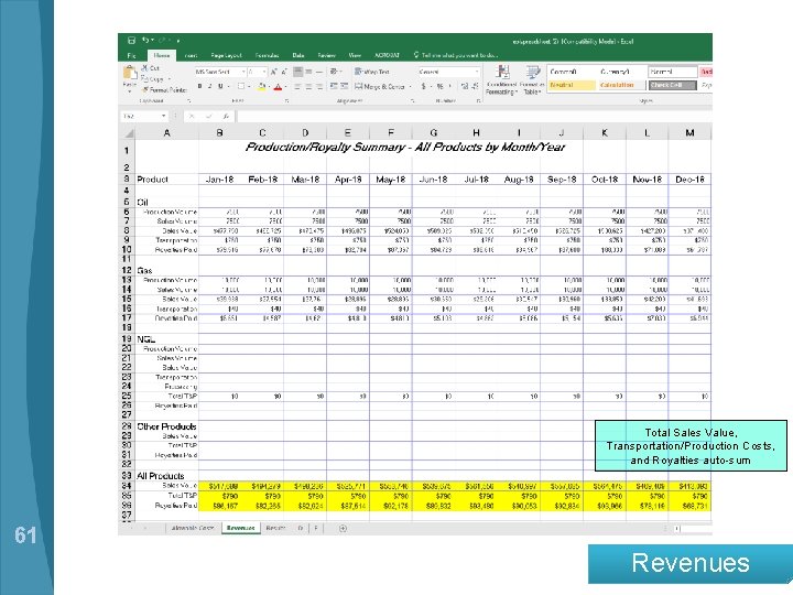 Total Sales Value, Transportation/Production Costs, and Royalties auto-sum 61 Revenues 