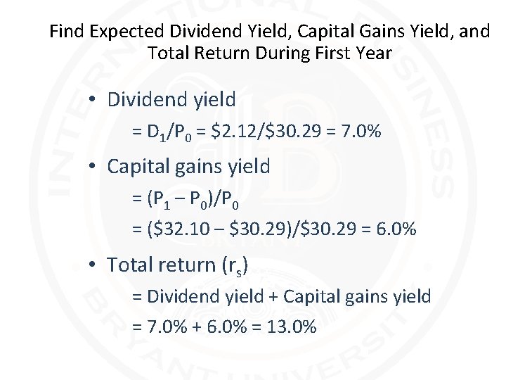 Find Expected Dividend Yield, Capital Gains Yield, and Total Return During First Year •