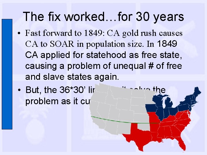 The fix worked…for 30 years • Fast forward to 1849: CA gold rush causes