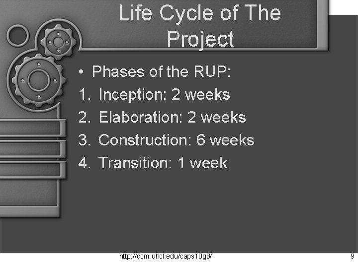 Life Cycle of The Project • Phases of the RUP: 1. Inception: 2 weeks