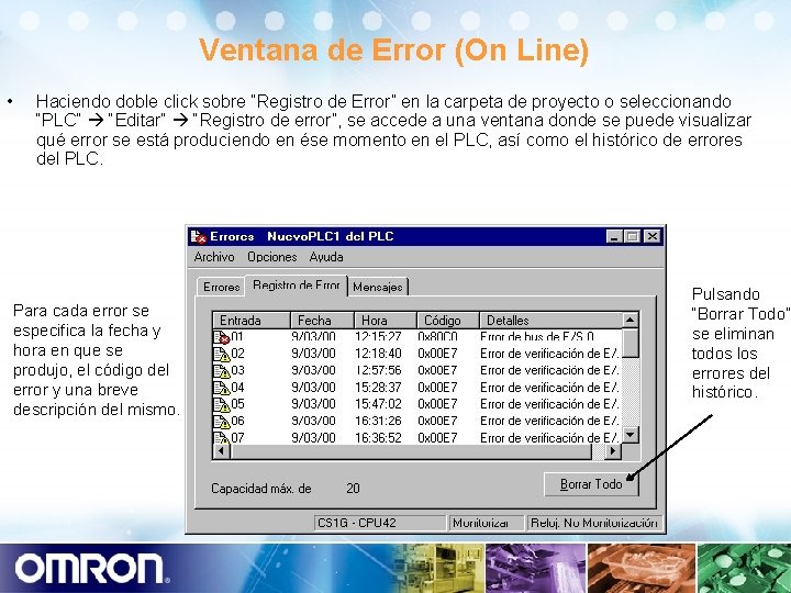 Ventana de Error (On Line) • Haciendo doble click sobre “Registro de Error” en