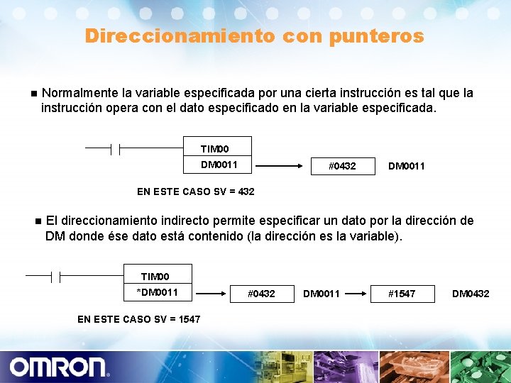 Direccionamiento con punteros n Normalmente la variable especificada por una cierta instrucción es tal