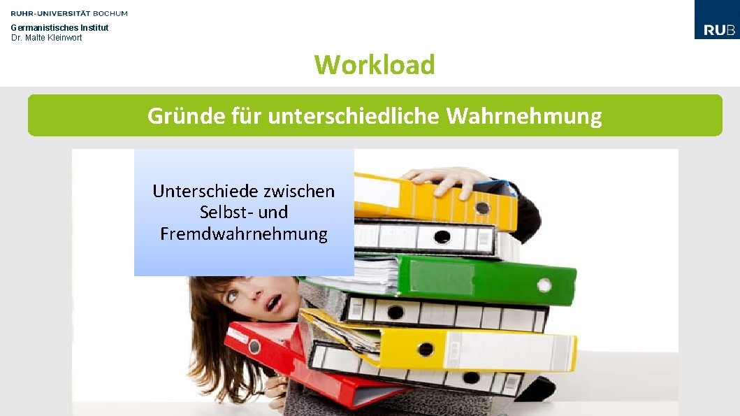 Germanistisches Institut Dr. Malte Kleinwort Workload Gründe für unterschiedliche Wahrnehmung Unterschiede zwischen Selbst- und Germanistisches Institut Dr. Malte Kleinwort Workload Gründe für unterschiedliche Wahrnehmung Unterschiede zwischen Selbst- und