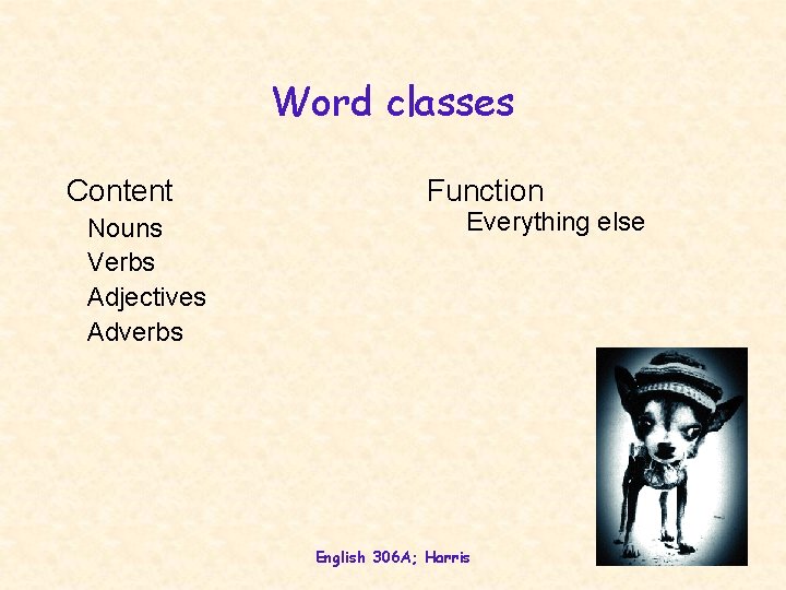 Word classes Content Nouns Verbs Adjectives Adverbs Function Everything else English 306 A; Harris