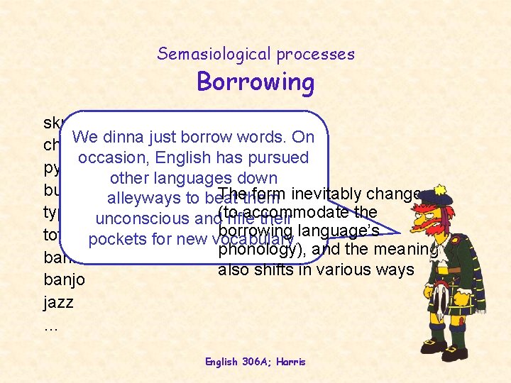 Semasiological processes Borrowing skunk We dinna just borrow words. On chocolate occasion, English has