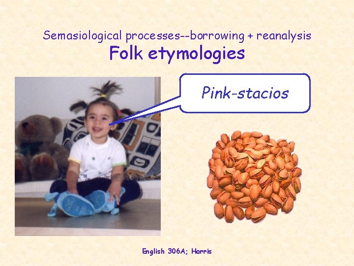 Semasiological processes--borrowing + reanalysis Folk etymologies Pink-stacios English 306 A; Harris 