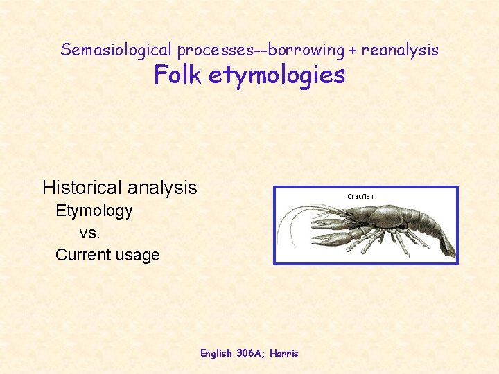 Semasiological processes--borrowing + reanalysis Folk etymologies Historical analysis Etymology vs. Current usage English 306