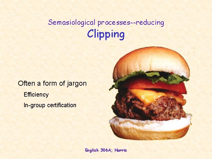 Semasiological processes--reducing Clipping Often a form of jargon Efficiency In-group certification English 306 A;