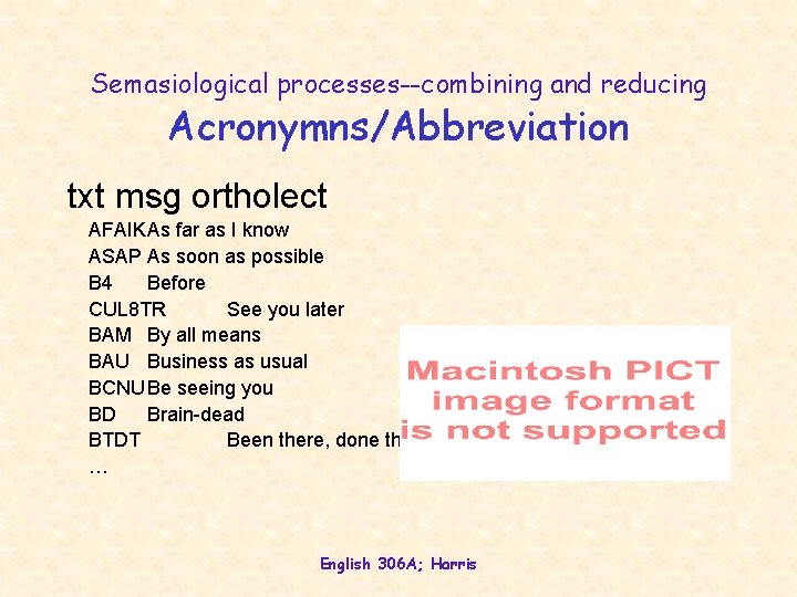 Semasiological processes--combining and reducing Acronymns/Abbreviation txt msg ortholect AFAIKAs far as I know ASAP