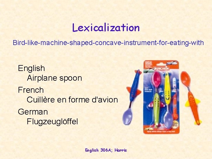 Lexicalization Bird-like-machine-shaped-concave-instrument-for-eating-with English Airplane spoon French Cuillère en forme d'avion German Flugzeuglöffel English 306