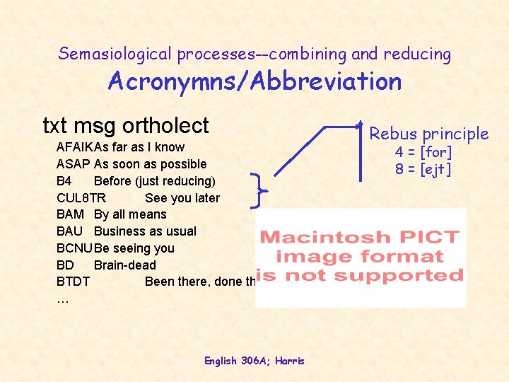 Semasiological processes--combining and reducing Acronymns/Abbreviation txt msg ortholect AFAIKAs far as I know ASAP