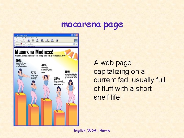 macarena page A web page capitalizing on a current fad; usually full of fluff