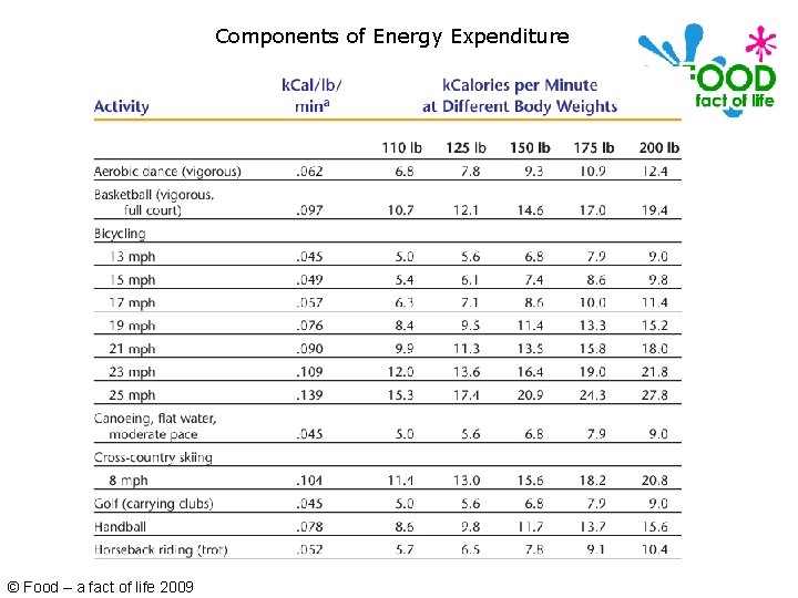 Components of Energy Expenditure © Food – a fact of life 2009 