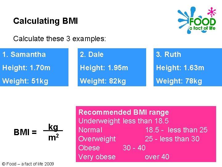Calculating BMI Calculate these 3 examples: 1. Samantha 2. Dale 3. Ruth Height: 1.