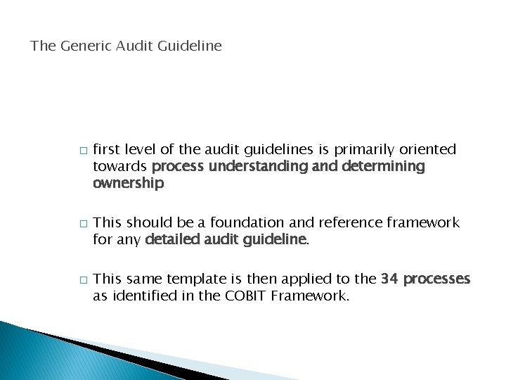 The Generic Audit Guideline � � � first level of the audit guidelines is