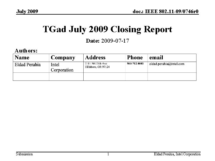 July 2009 doc. : IEEE 802. 11 -09/0746 r 0 TGad July 2009 Closing