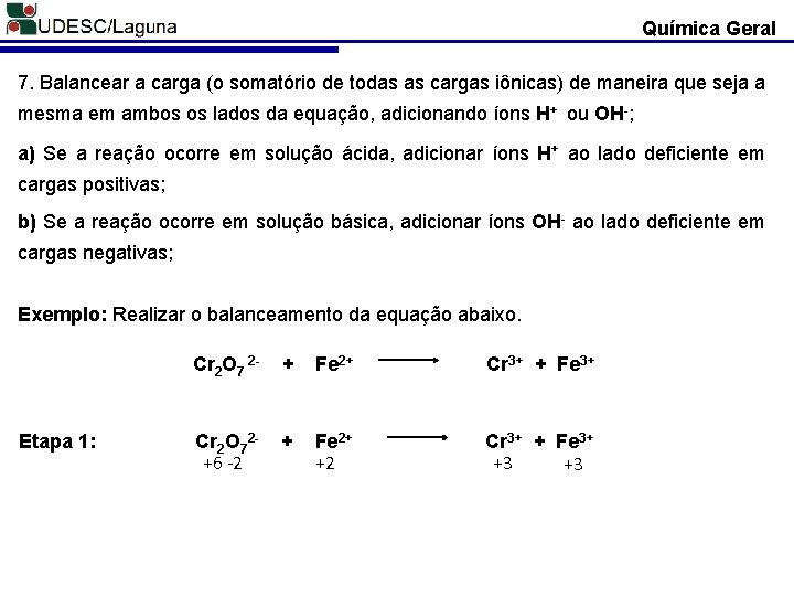 Química Geral 7. Balancear a carga (o somatório de todas as cargas iônicas) de