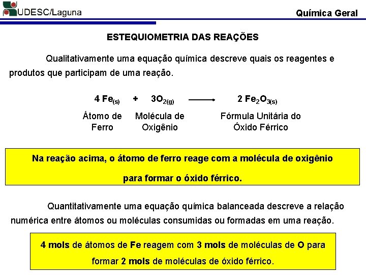 Química Geral ESTEQUIOMETRIA DAS REAÇÕES Qualitativamente uma equação química descreve quais os reagentes e