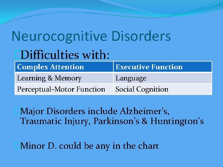 Neurocognitive Disorders �Difficulties with: Complex Attention Learning & Memory Perceptual-Motor Function Executive Function Language