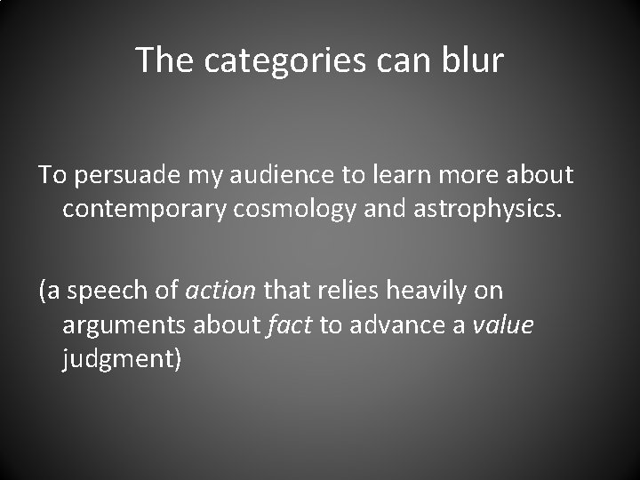 The categories can blur To persuade my audience to learn more about contemporary cosmology