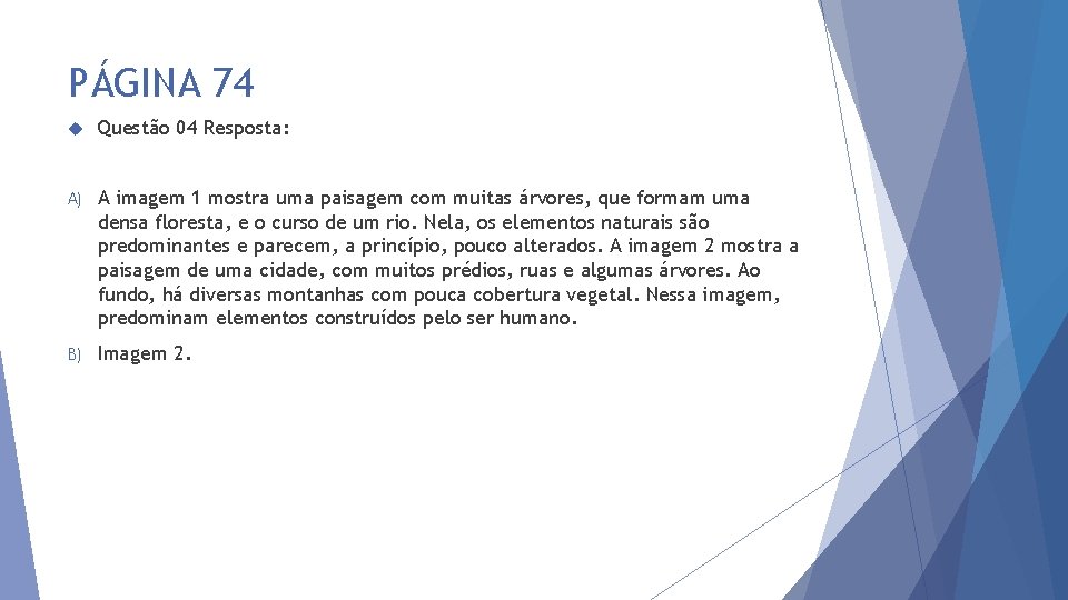 PÁGINA 74 Questão 04 Resposta: A) A imagem 1 mostra uma paisagem com muitas