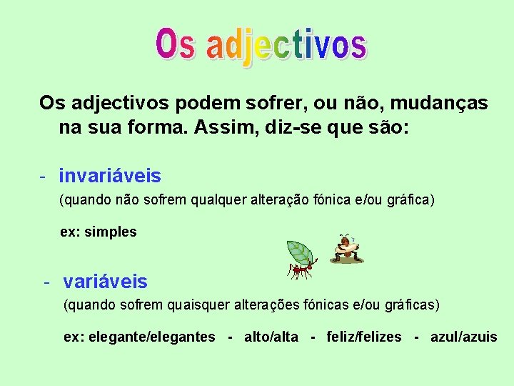 Os adjectivos podem sofrer, ou não, mudanças na sua forma. Assim, diz-se que são: