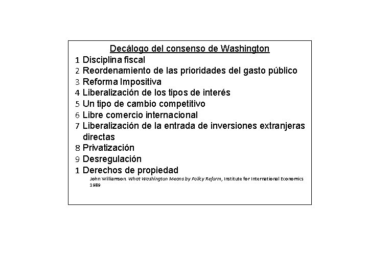 Decálogo del consenso de Washington 1 Disciplina fiscal 2 Reordenamiento de las prioridades del